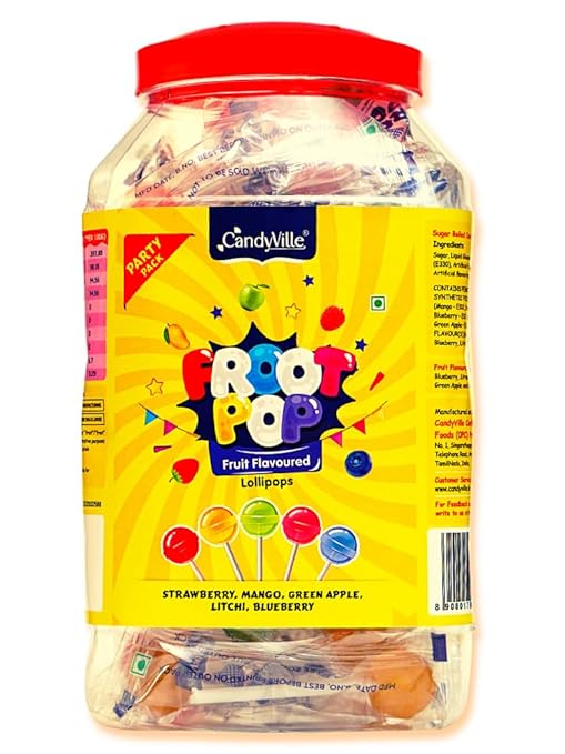 CandyVille FrootPop Lollipops - Assorted Fruit Flavoured Lollipops Jar 50 Pieces (600g)