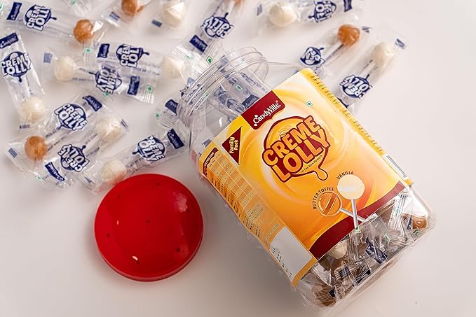 CandyVille CremeLolly Butter Toffee and Vanilla Flavoured Lollipops Jar 50 Pieces (600g)