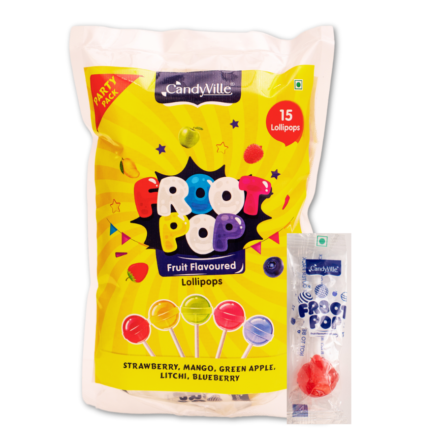 CandyVille FrootPop Lollipops Pouch - Assorted Fruit Flavored Lollipops - 45 Pieces (15 Pieces x 3 units)