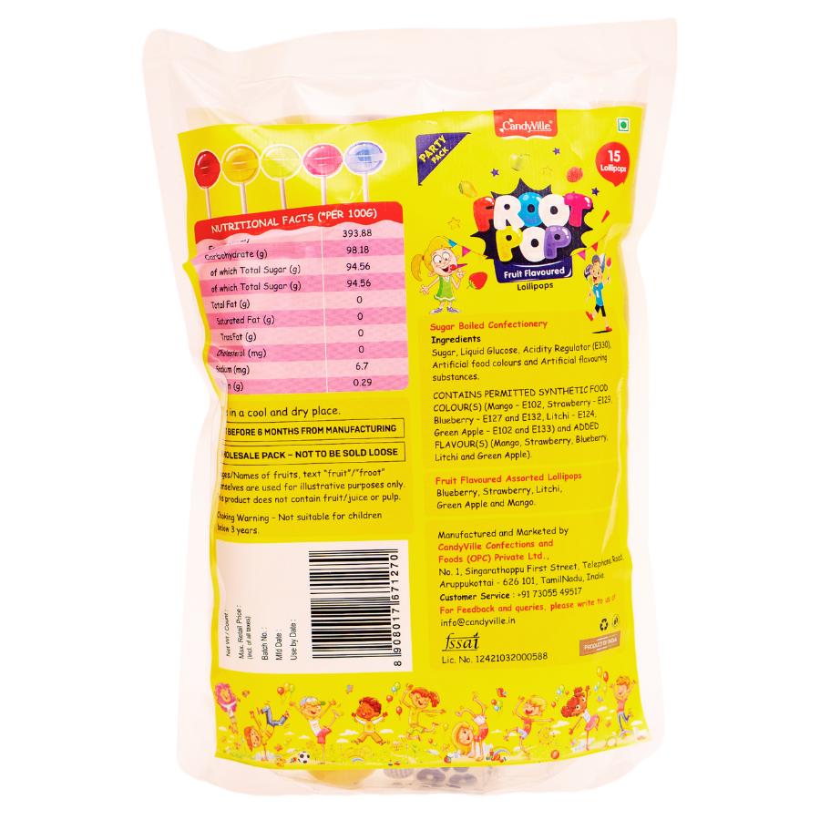 CandyVille FrootPop Lollipops Pouch - Assorted Fruit Flavored Lollipops - 45 Pieces (15 Pieces x 3 units)