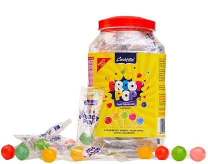 CandyVille FrootPop Lollipops - Assorted Fruit Flavoured Lollipops Jar 50 Pieces (600g)