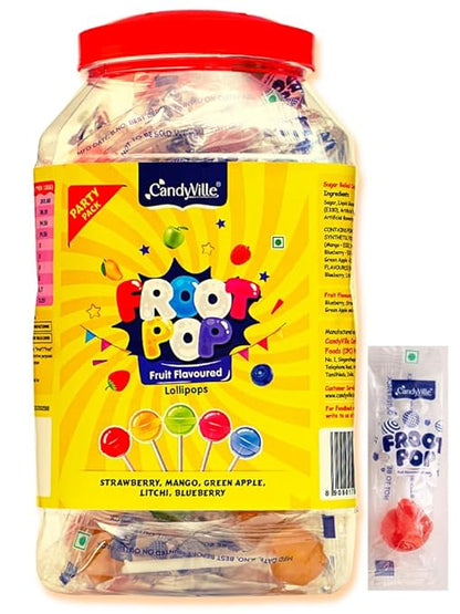 CandyVille FrootPop Lollipops - Assorted Fruit Flavoured Lollipops Jar 50 Pieces (600g)