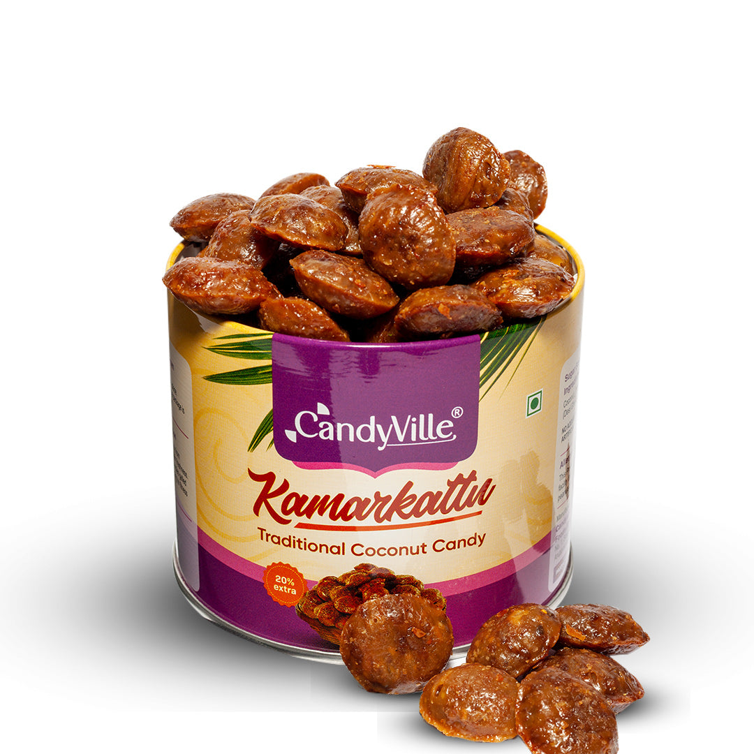 CandyVille Kamarkattu / Kamarkat / Kalkona Coconut & Jaggery Candy Tin 340g | Made with Jaggery