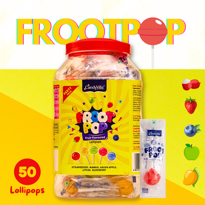 CandyVille FrootPop Lollipops - Assorted Fruit Flavoured Lollipops Jar 50 Pieces (600g)